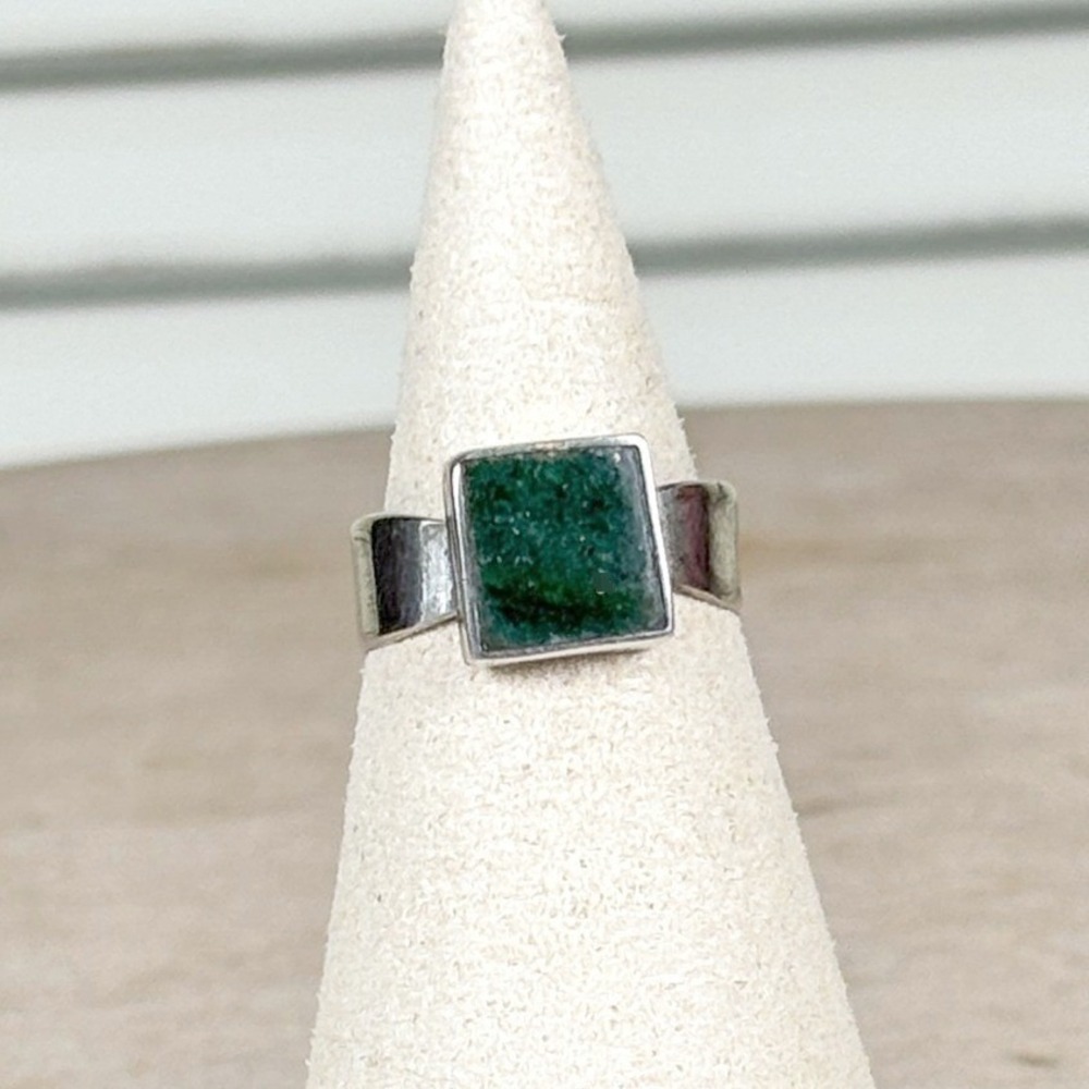 Vintage Taxco Mexico Sterling Silver Forest Green Aventurine 70s MCM Ring Size 5